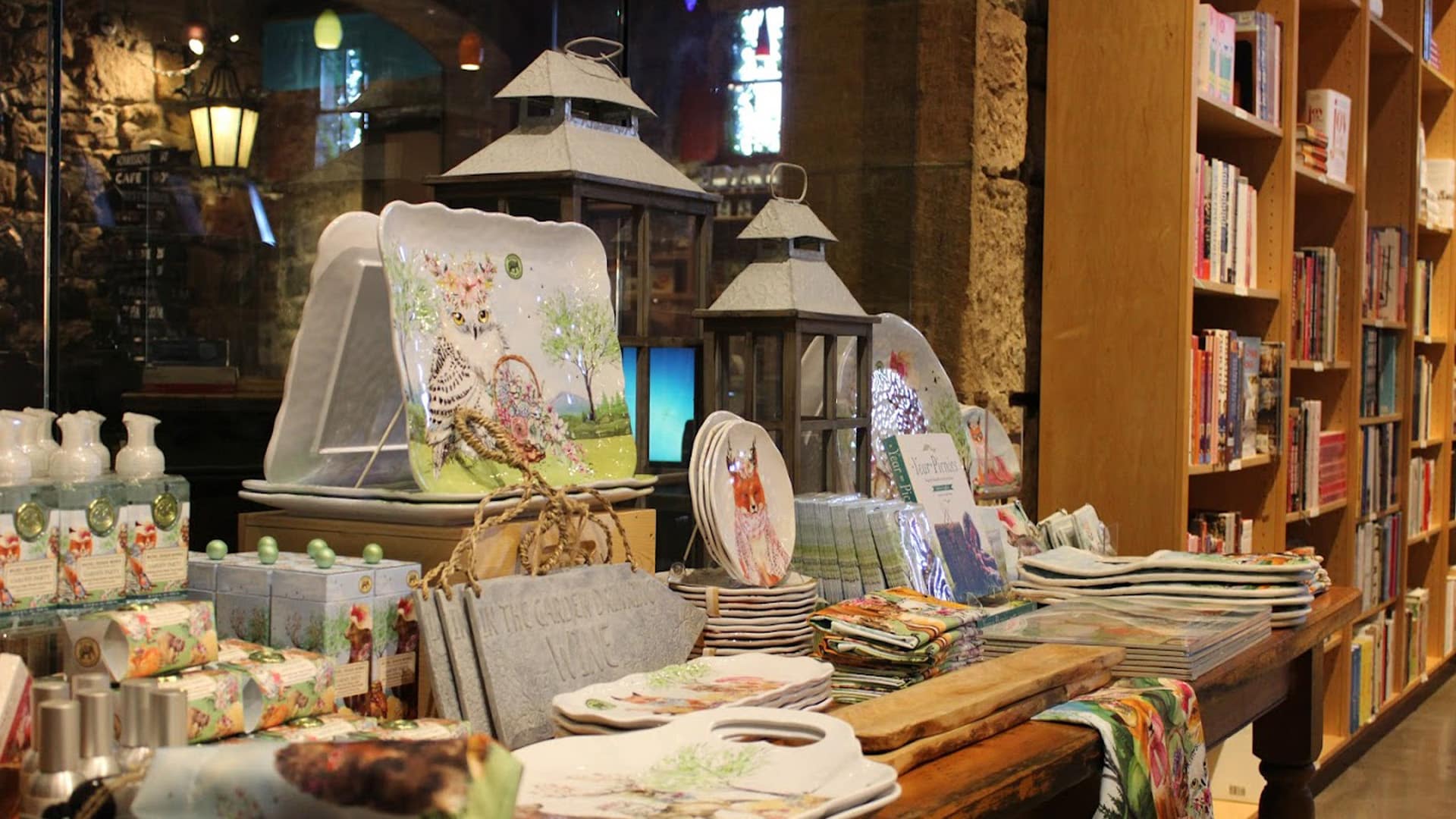 Decorative tableware and books display in store
