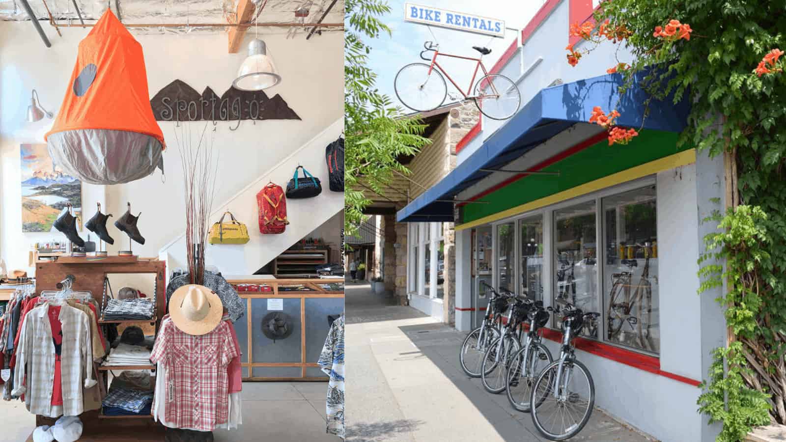 Outdoor shop interior and bike rental shop exterior.