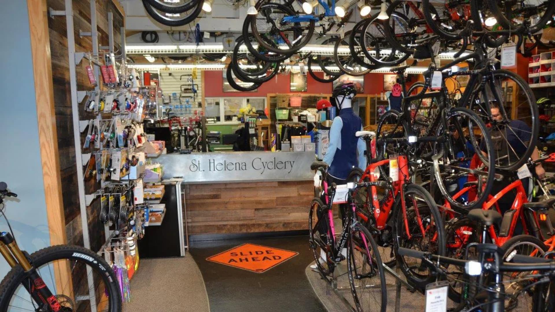 Bicycle shop interior with bikes and accessories