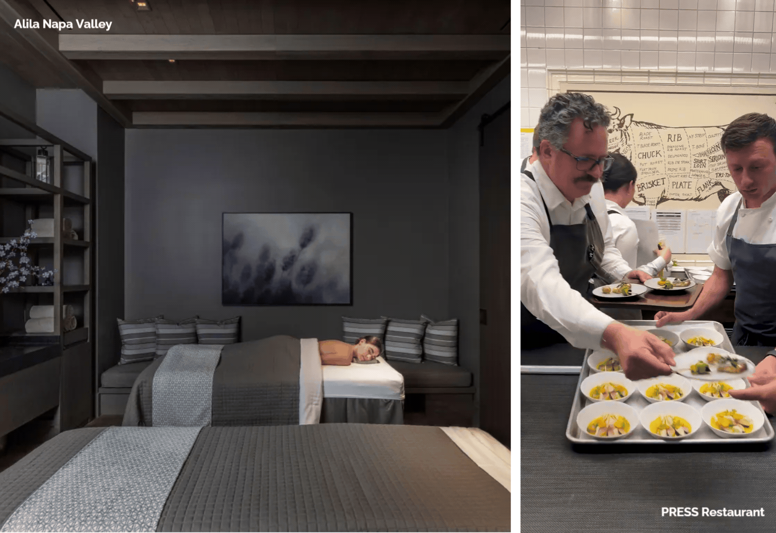 Hotel room and chefs plating dishes at restaurant.