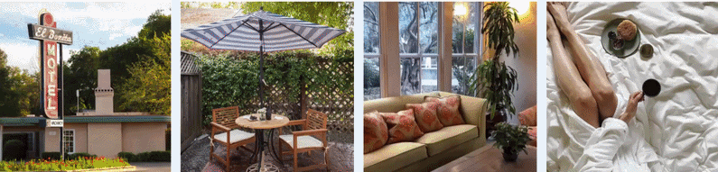 Collage of motel, patio, living room, cozy morning