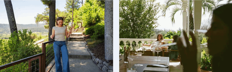 Woman walking garden path and dining on terrace