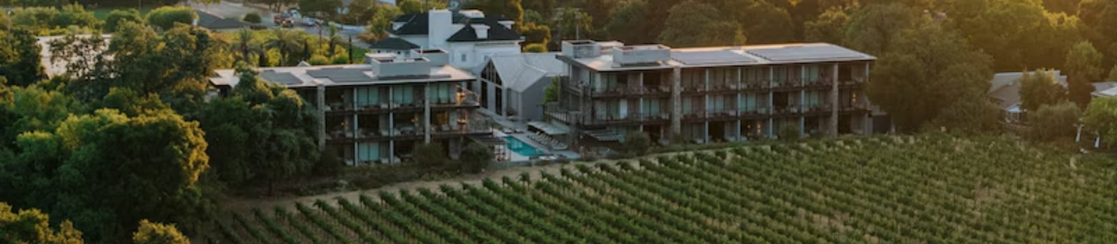 Modern vineyard resort surrounded by lush trees at sunset