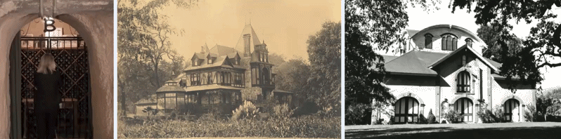 Vintage triptych of doorway, Victorian house, and church