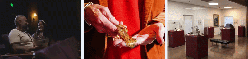 Museum visitors, golden artifact, and gallery display cases