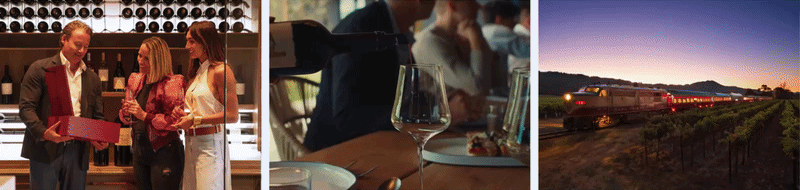 Wine tasting, poured glass, and vineyard train at sunset