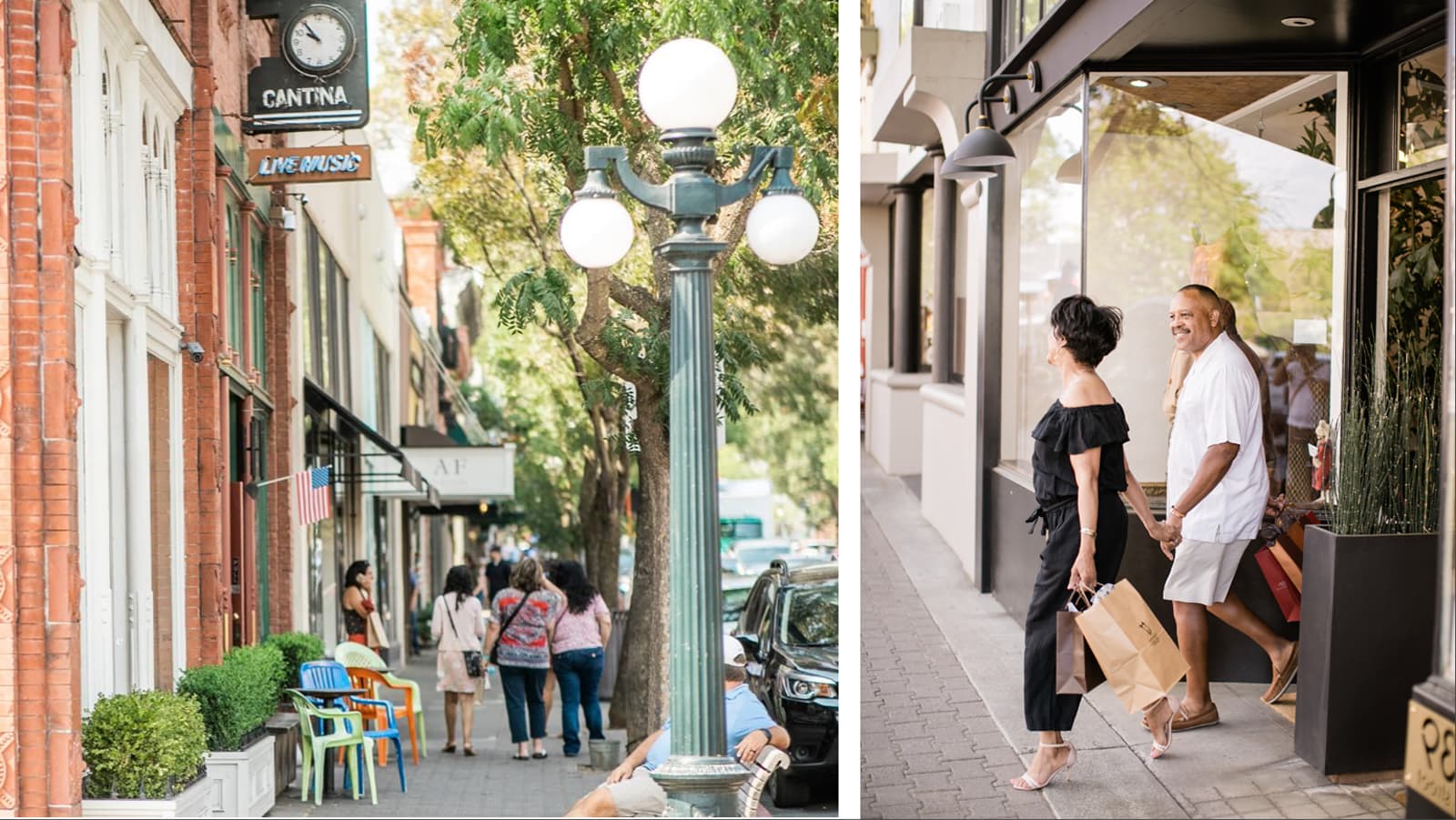 People walking and shopping in a charming town
