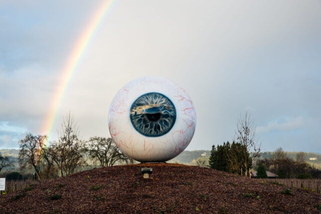 Giant eyeball sculpture with rainbow in background.