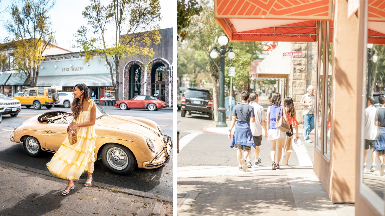Woman in yellow dress by vintage car on street.