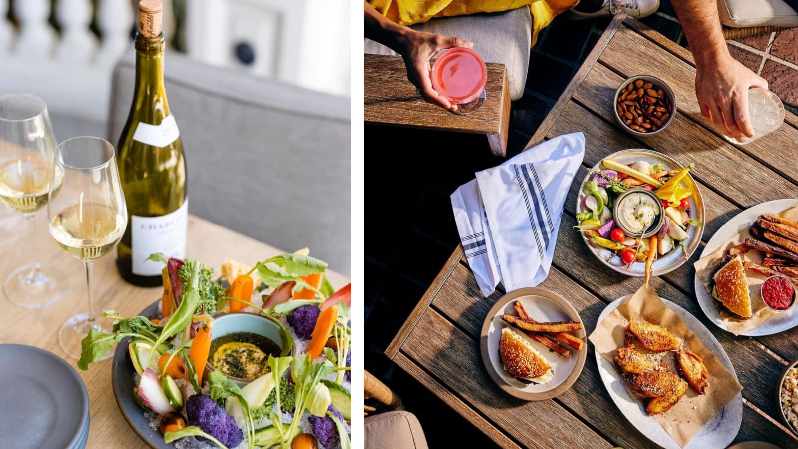 Wine, fresh salad, and various dishes on a table.