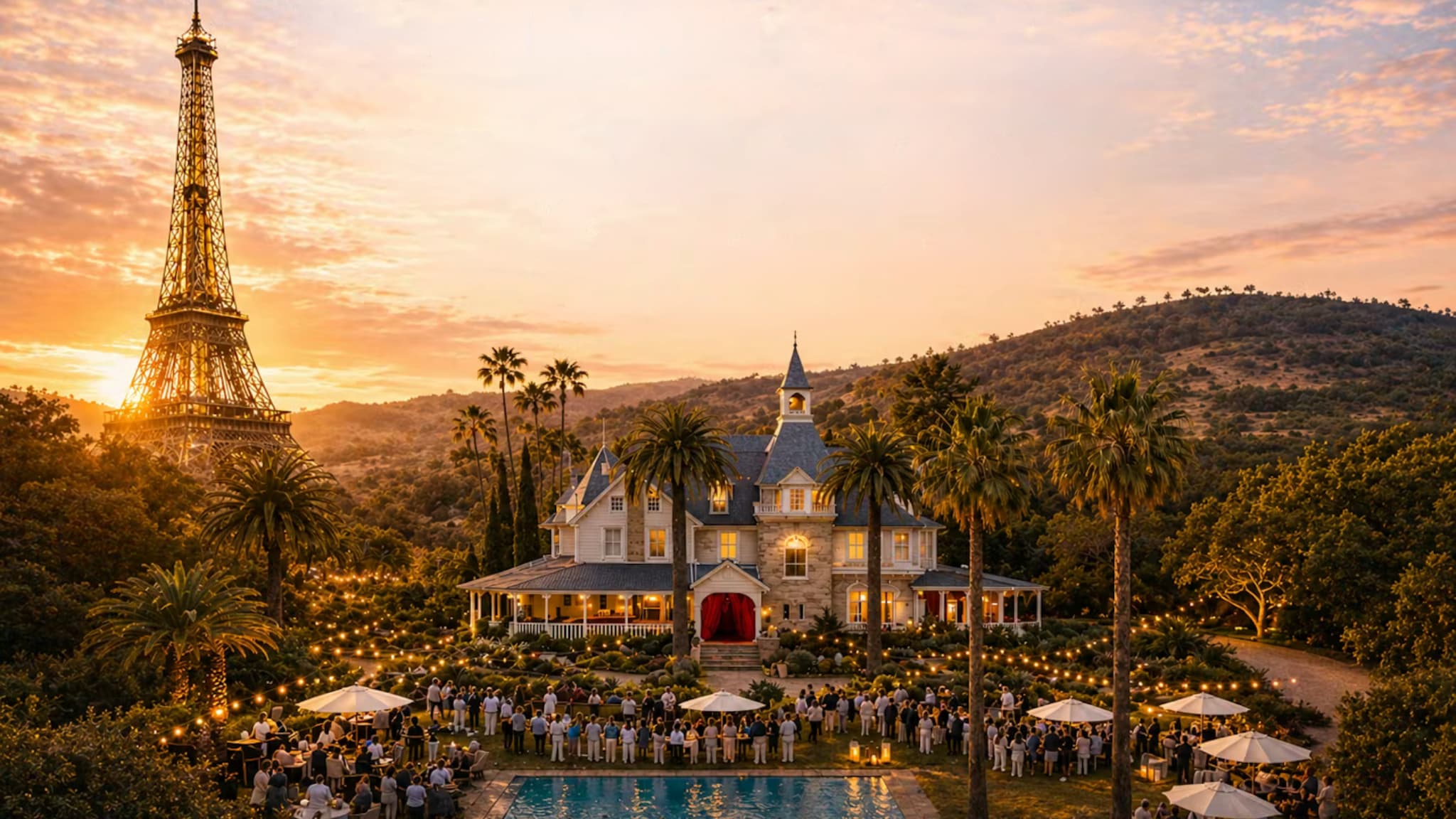 Outdoor evening event at mansion near Eiffel Tower replica