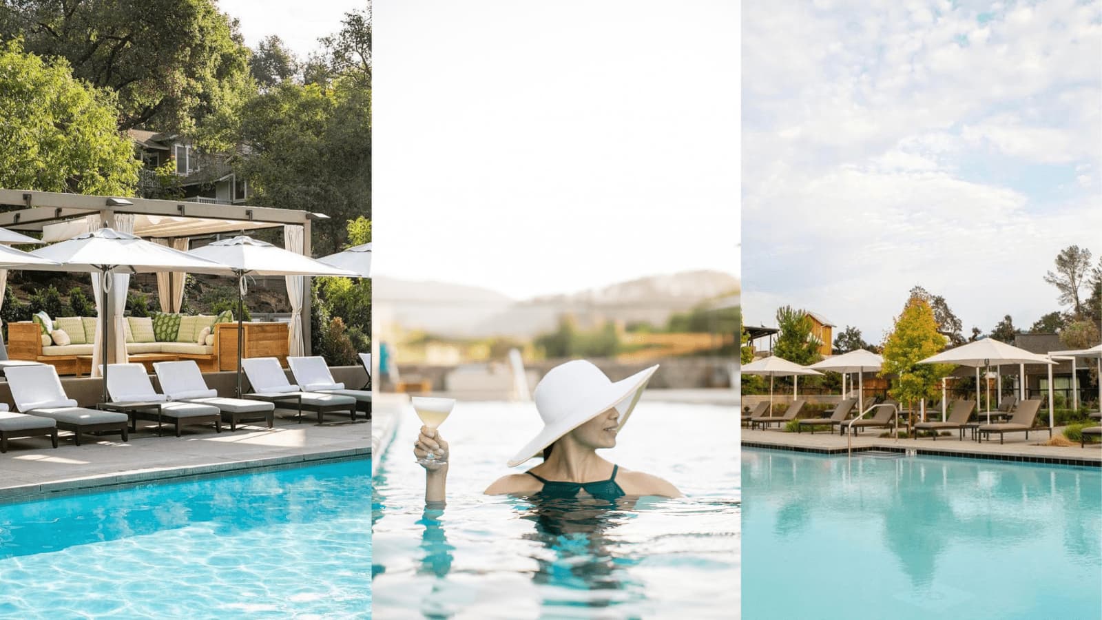 Resort pool area with lounge chairs and umbrellas