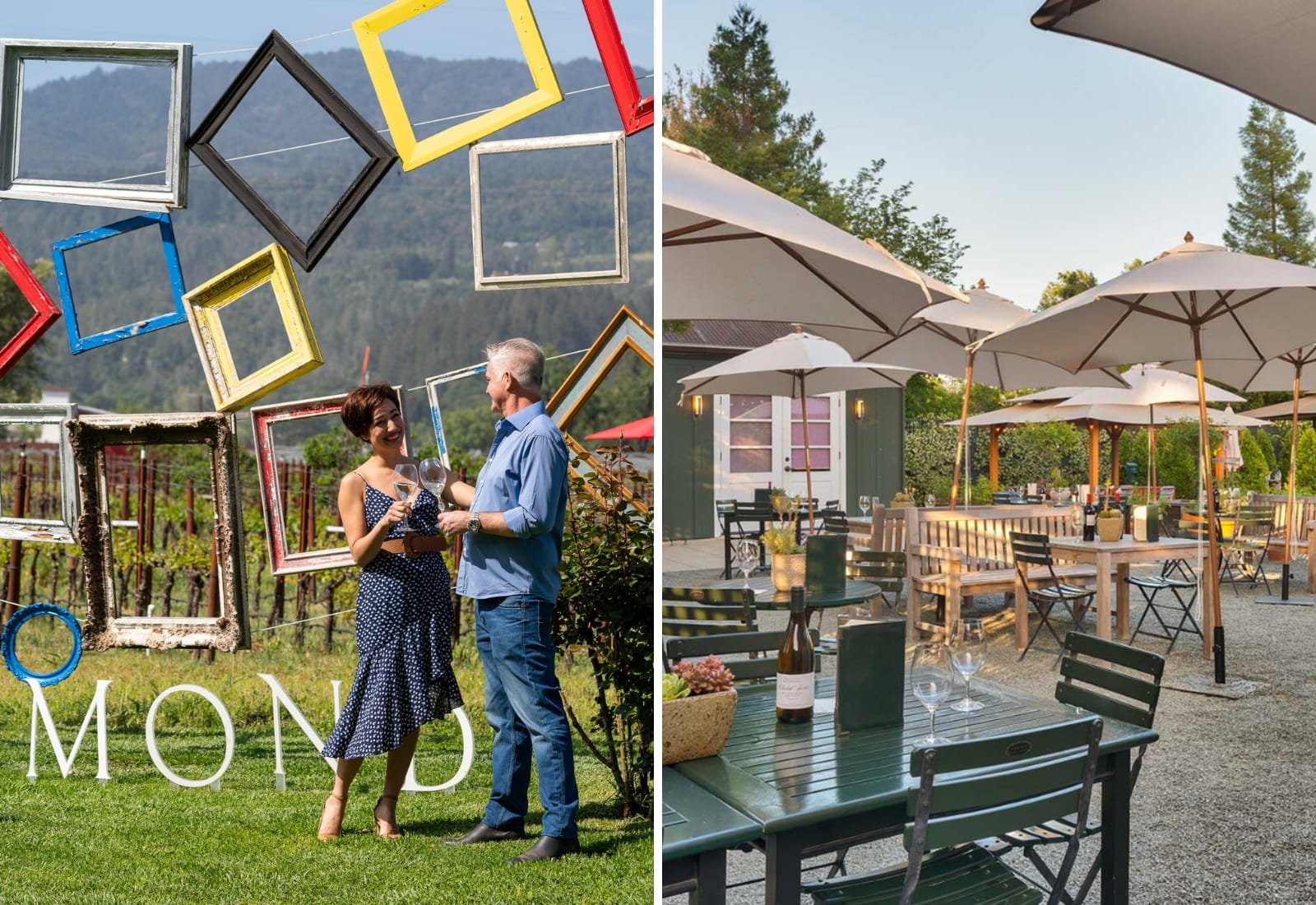 Couple enjoying wine outdoors; patio with umbrellas.