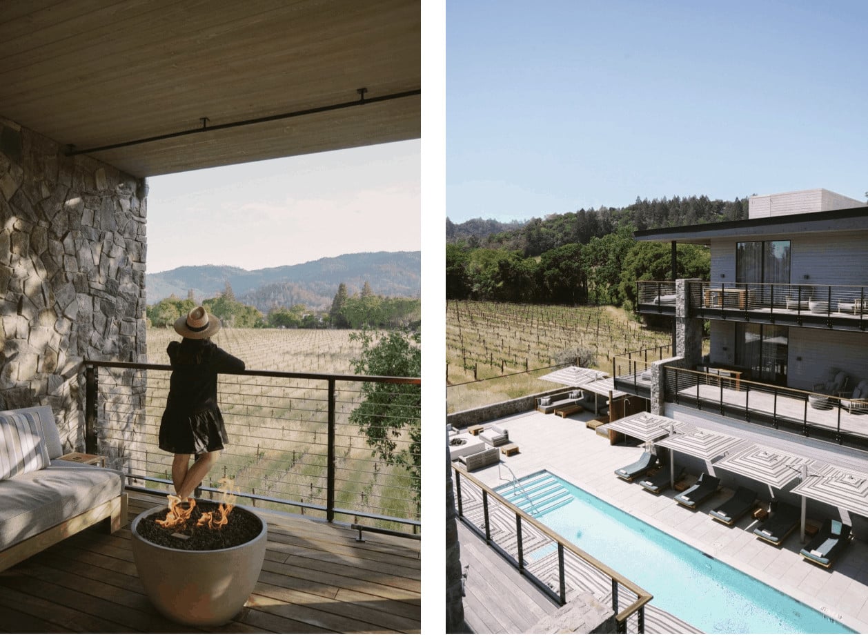 Woman on deck overlooking vineyard and modern house.