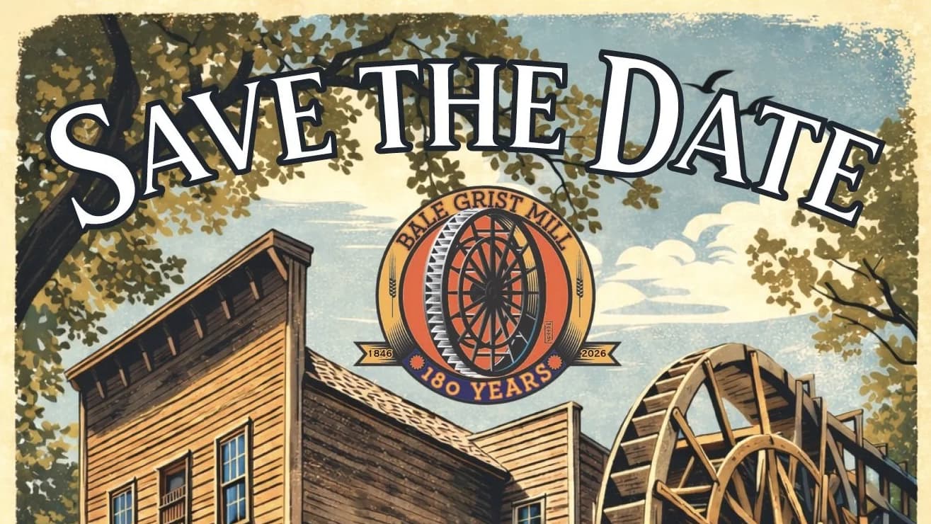 Vintage Save the Date poster featuring Bale Grist Mill