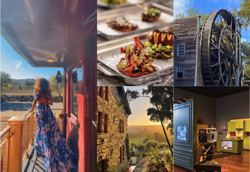 Scenic travel collage with food, nature, and history.
