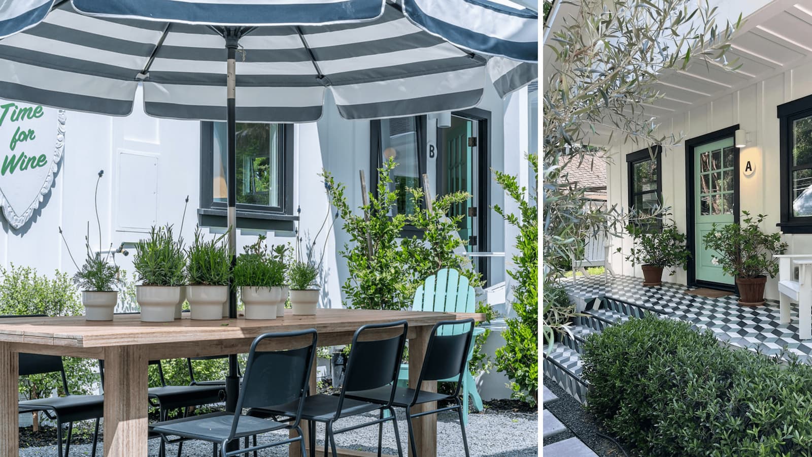 Patio garden with table and chairs under umbrella.