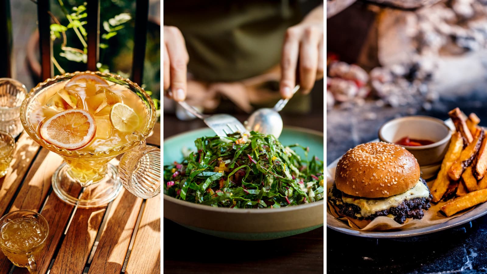 Refreshing drinks, fresh salad, and delicious burger with fries.