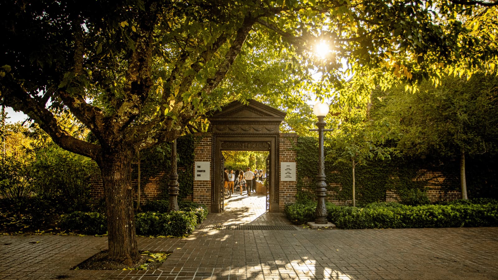 Brick archway with trees and sunlight.