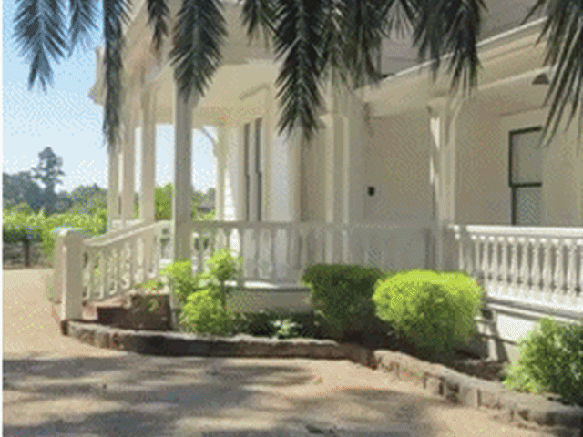 White colonial house with porch and palm trees