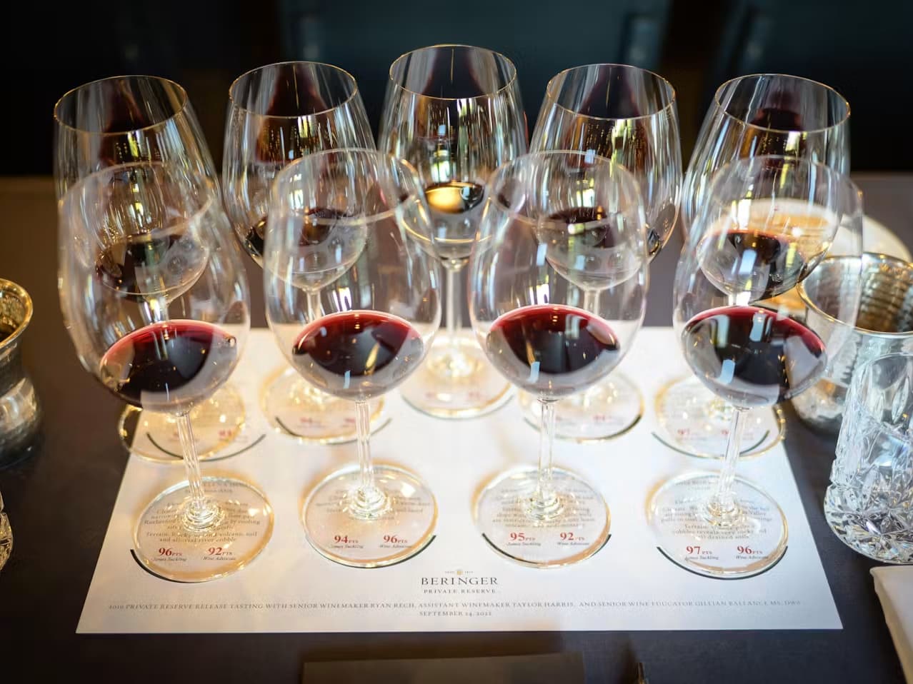 Red wine glasses arranged for tasting