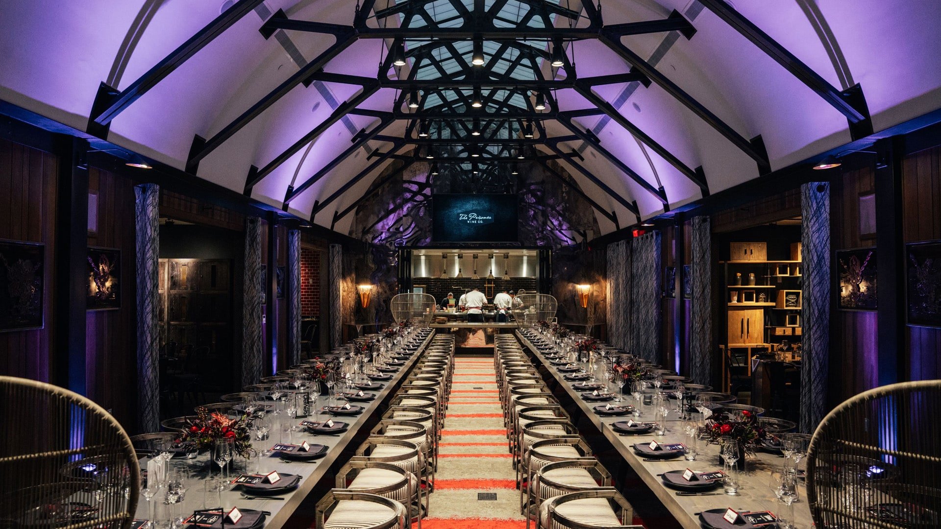 Elegant restaurant interior with long dining tables