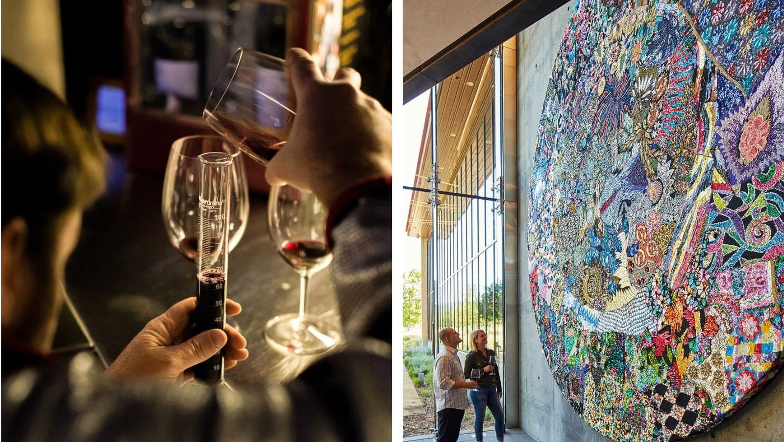 Wine tasting and viewing colorful mural.