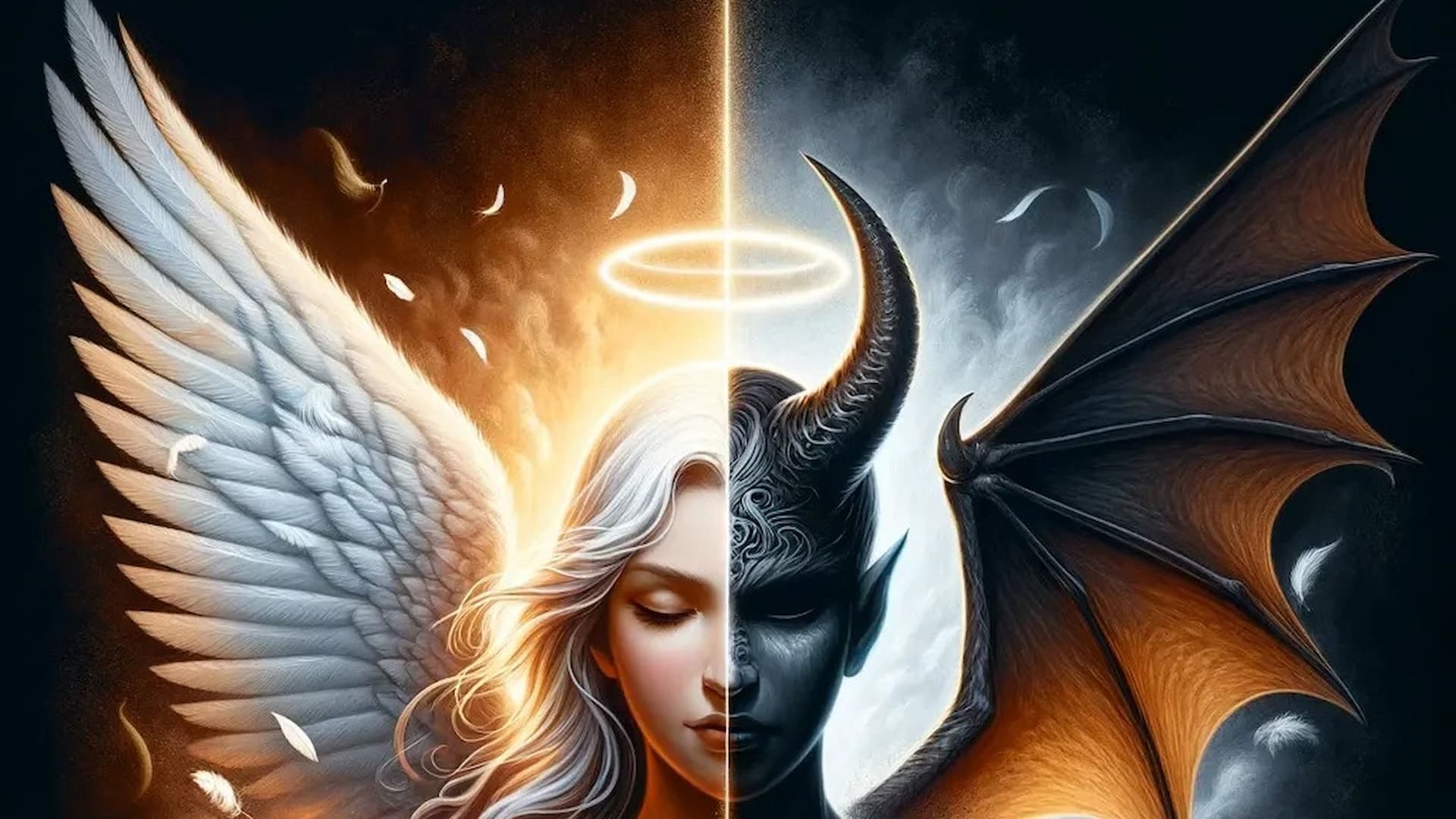 Duality illustration depicting angel and demon.