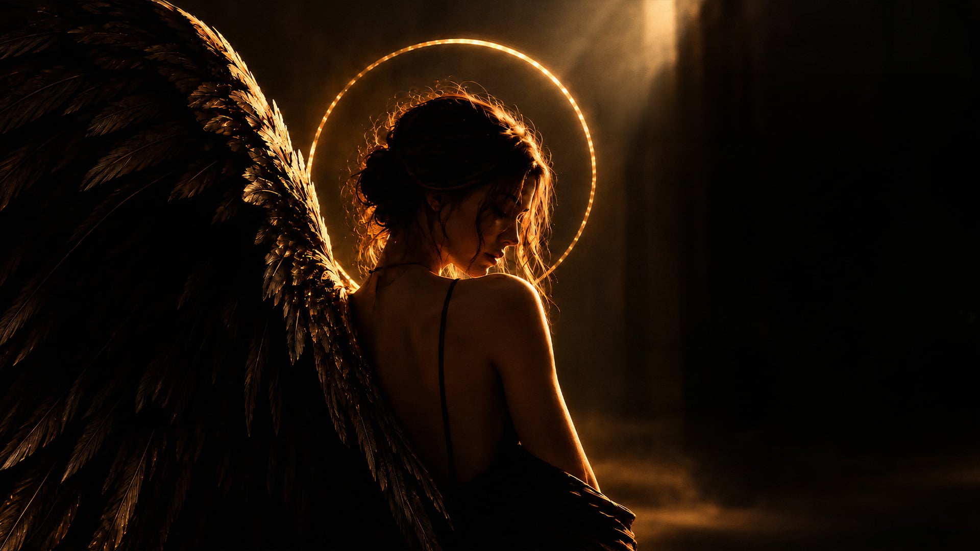 Woman with black wings beneath glowing halo
