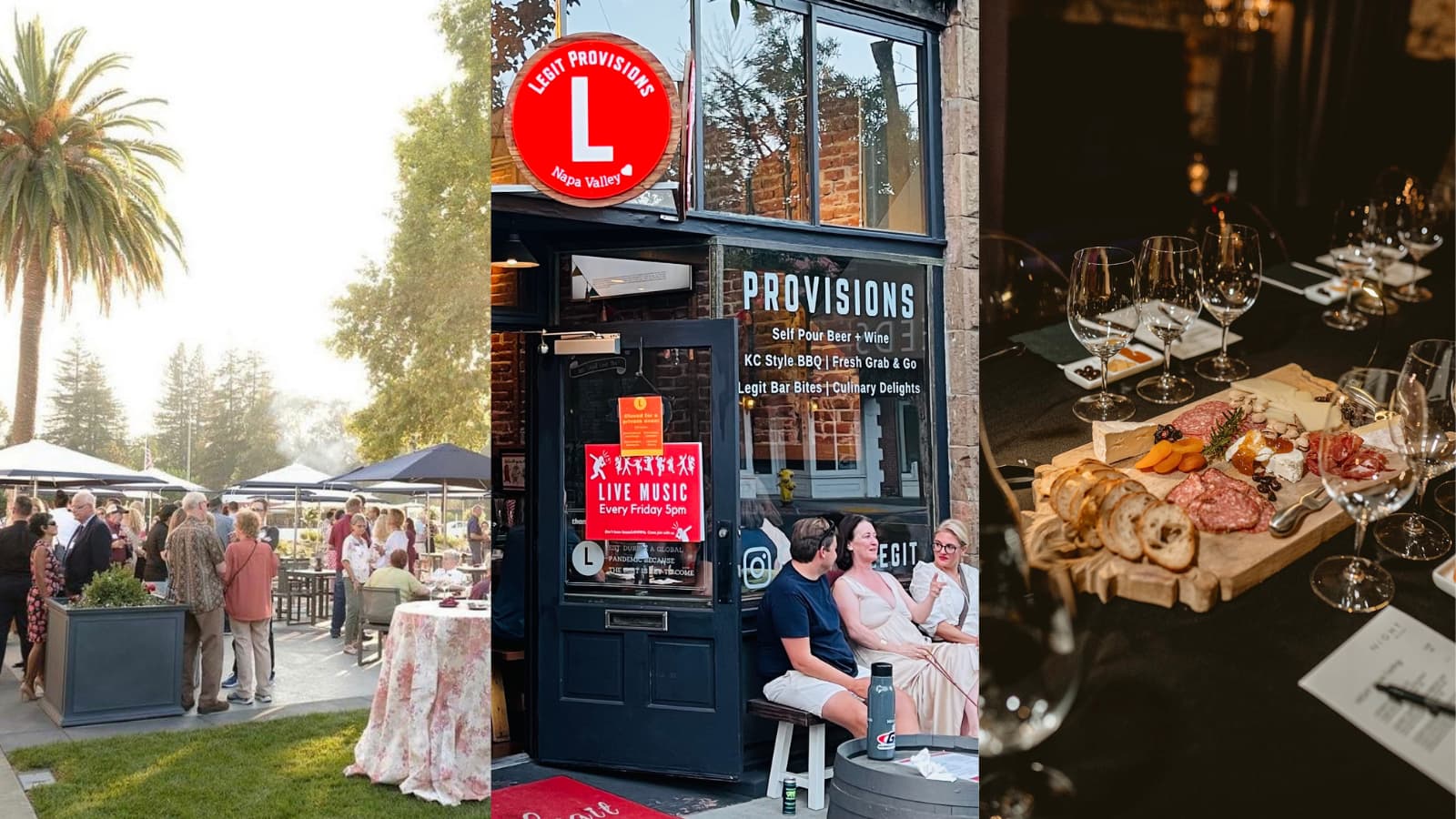 Outdoor event, provisions store, and charcuterie board with wine.