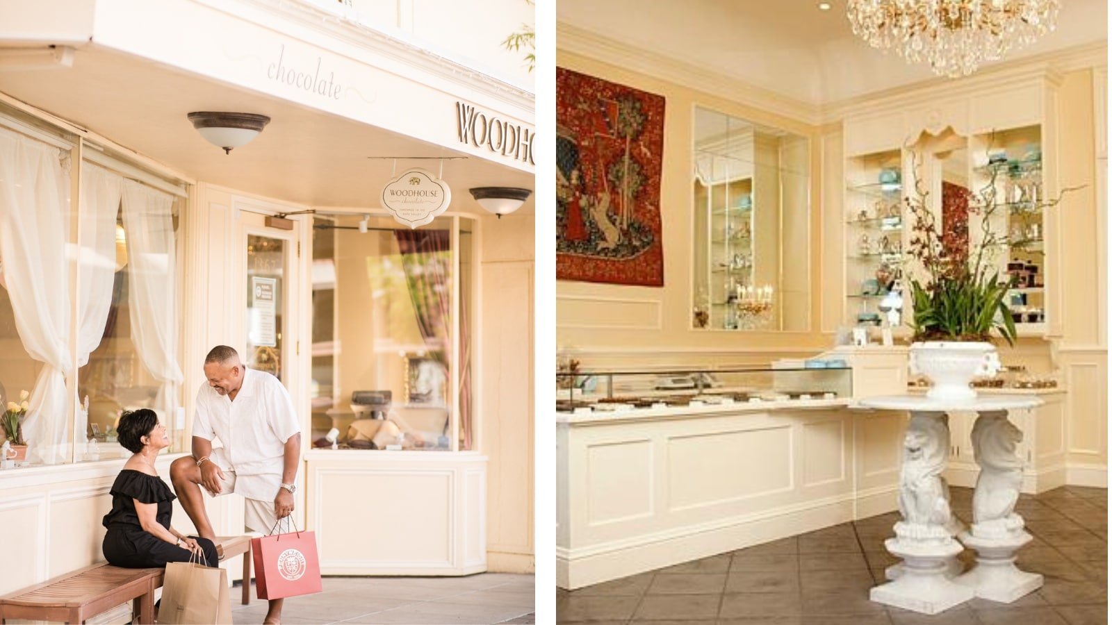 Couple shopping outside a chocolatier store.