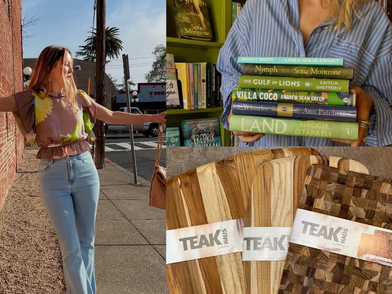 Woman walking, stacked books, teak cutting boards