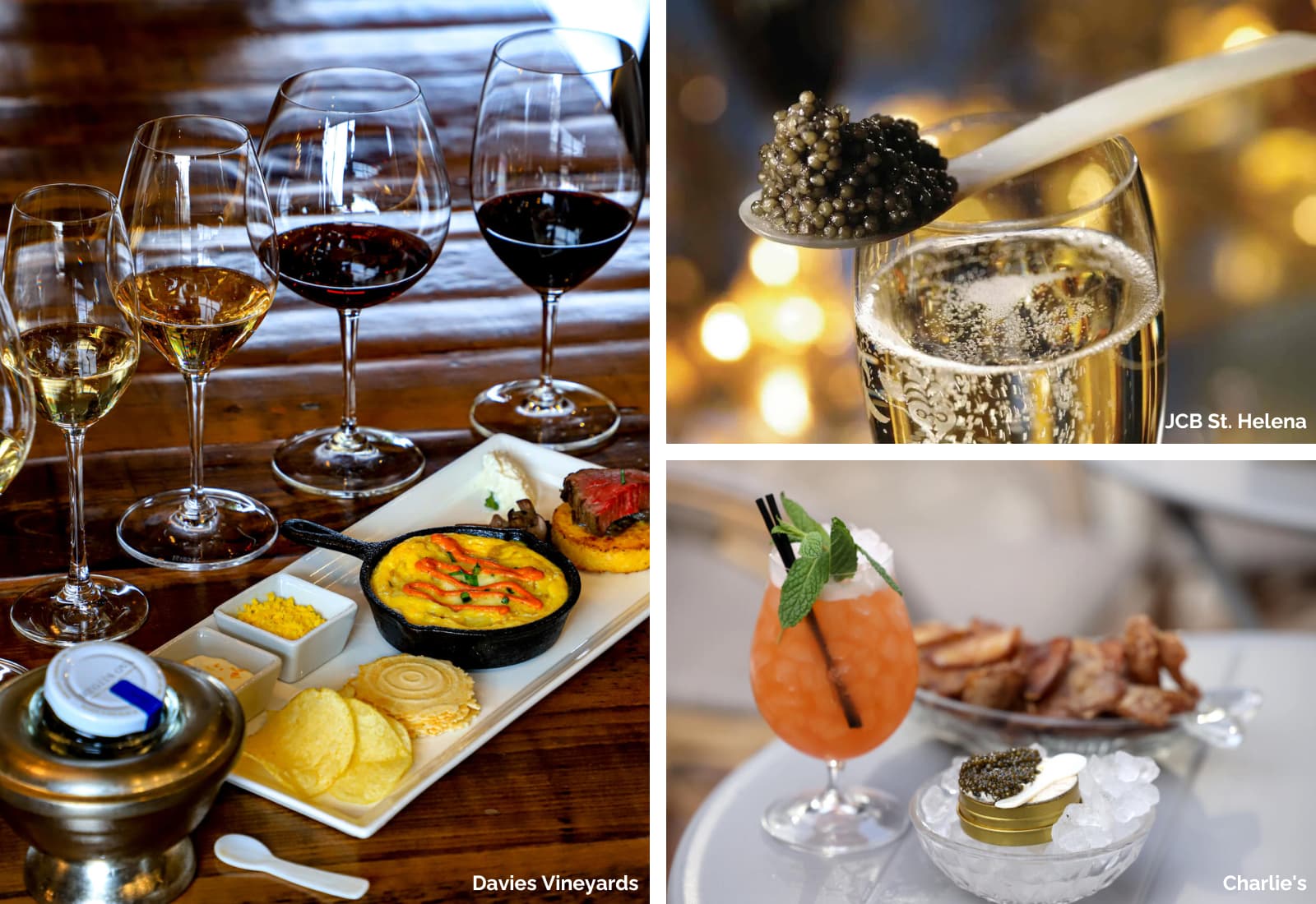 Wine, caviar, and gourmet dishes for tasting experience.