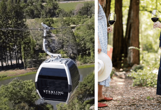 Sterling Vineyards gondola and people with wine glasses