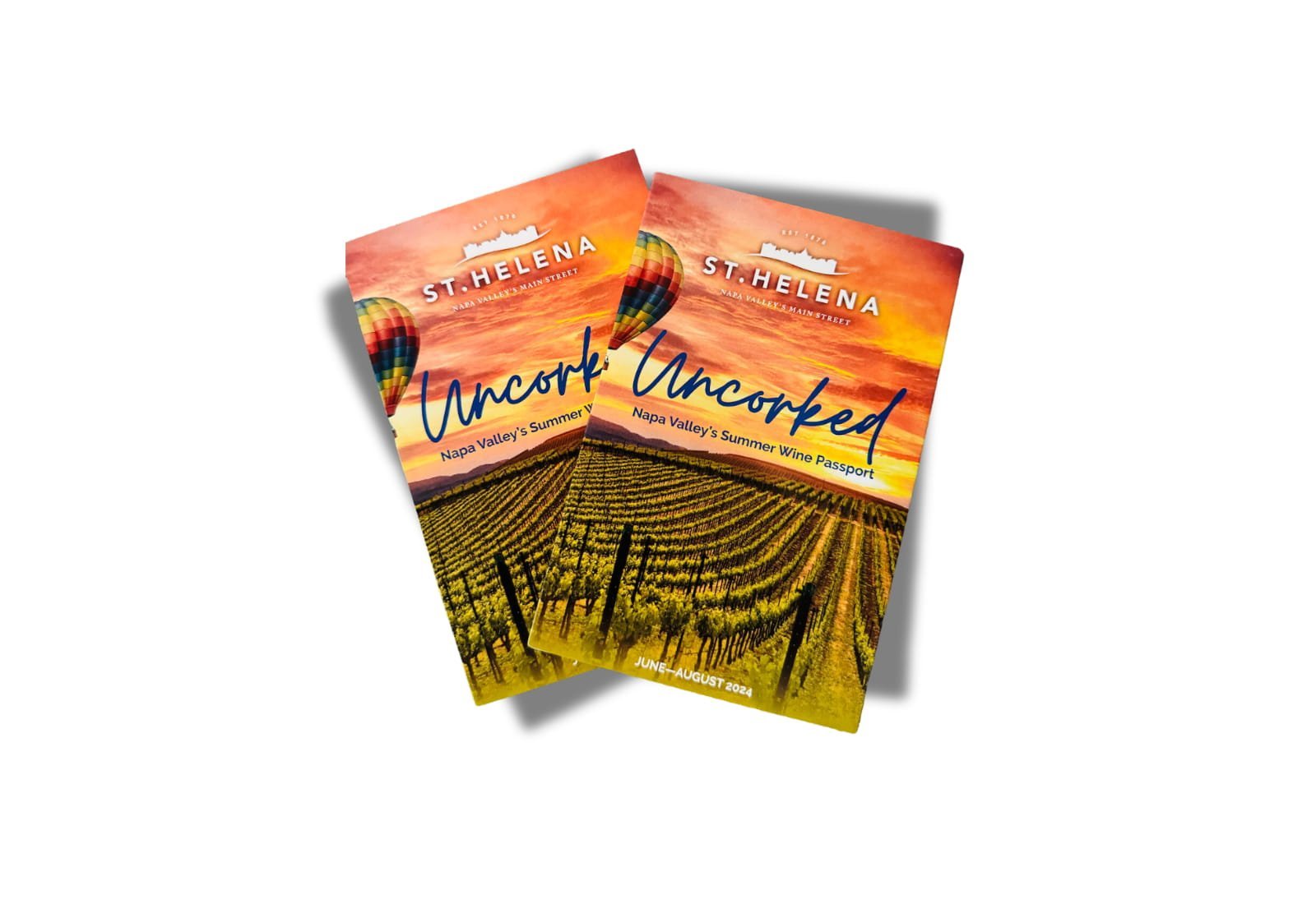 St. Helena wine passport with vineyard, hot air balloon.