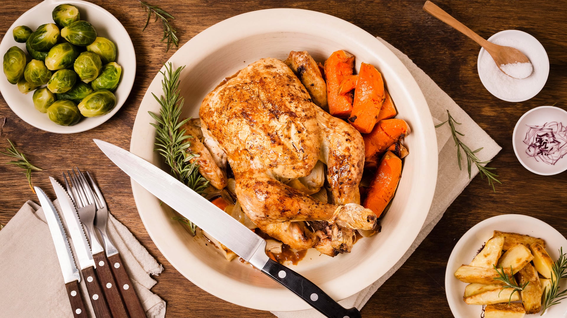 Roast chicken with carrots, Brussels sprouts, and potatoes