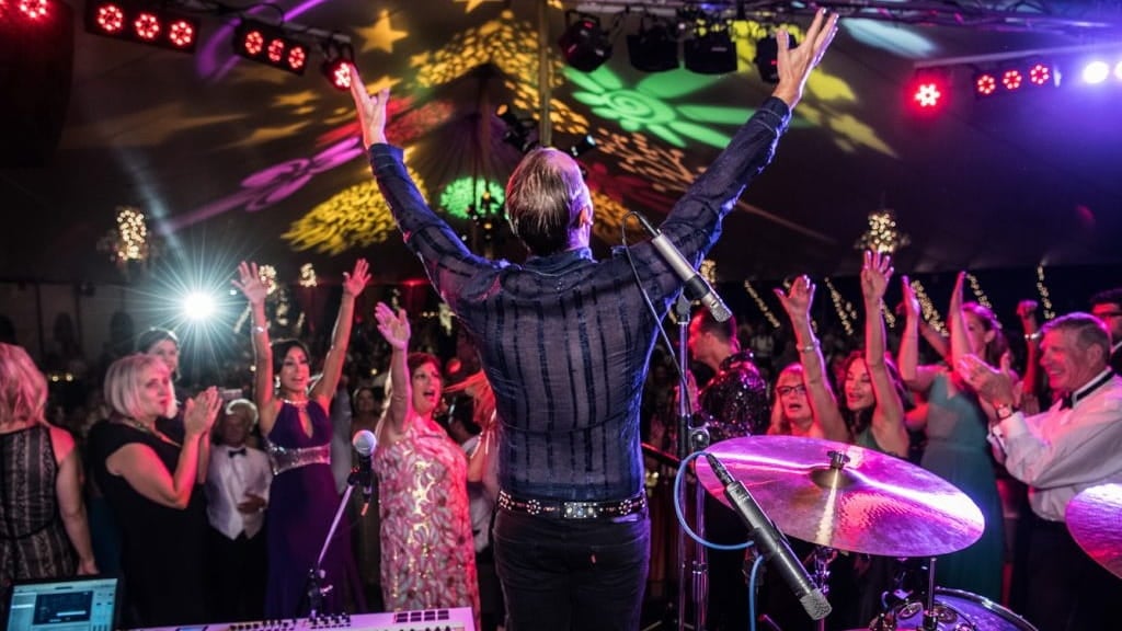 Musician performing at lively party with cheering crowd