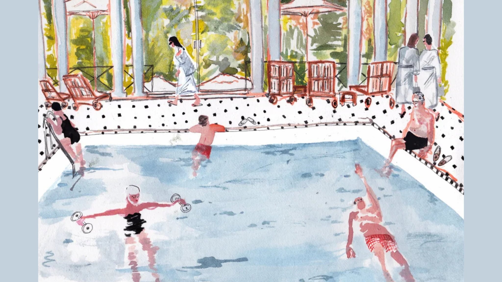 People swimming in sunlit indoor pool