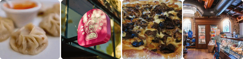 Dumplings, pizza, restaurant sign, and bakery interior