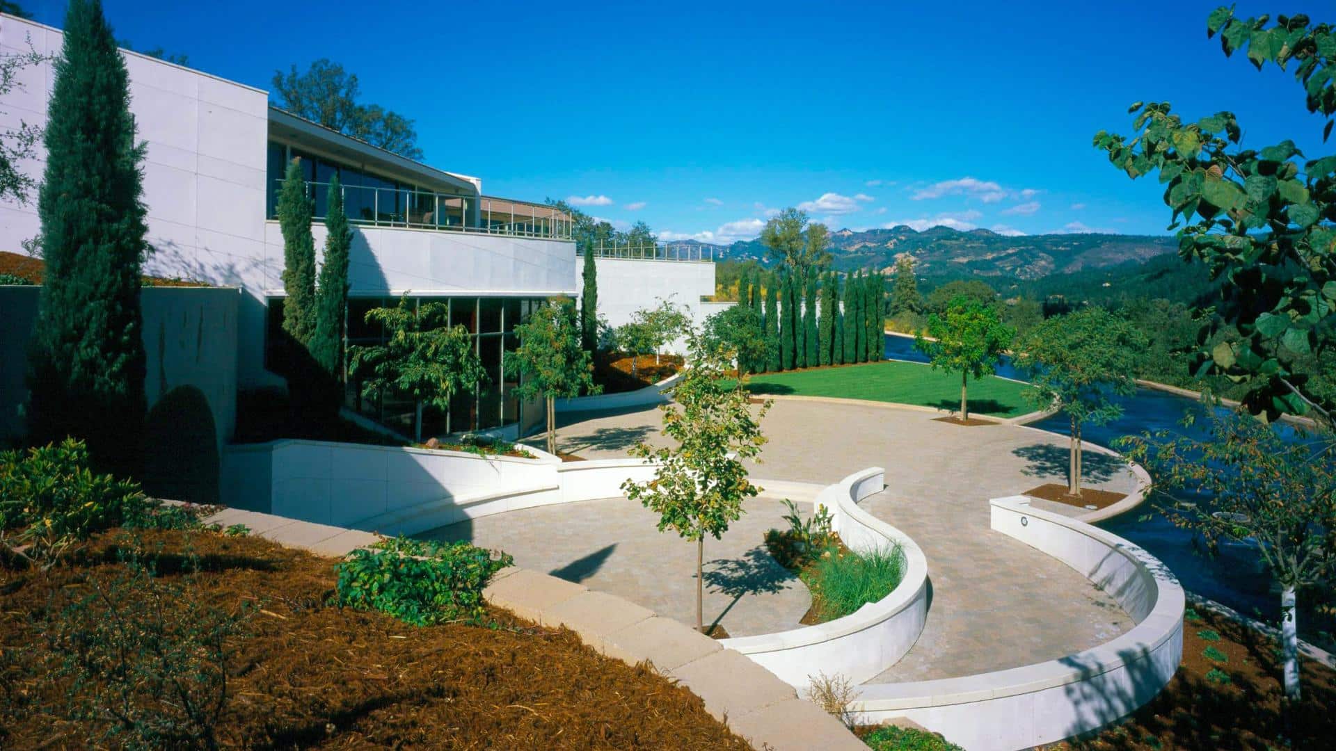 Modern building with scenic landscape view