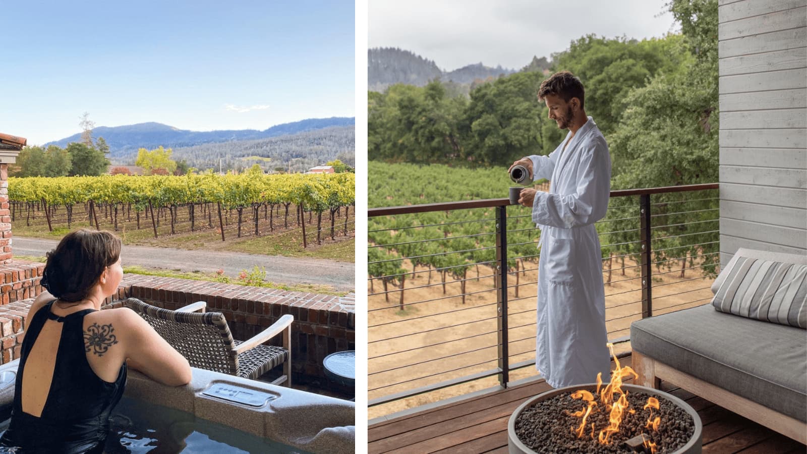 Couple enjoying vineyard view from balcony and hot tub.