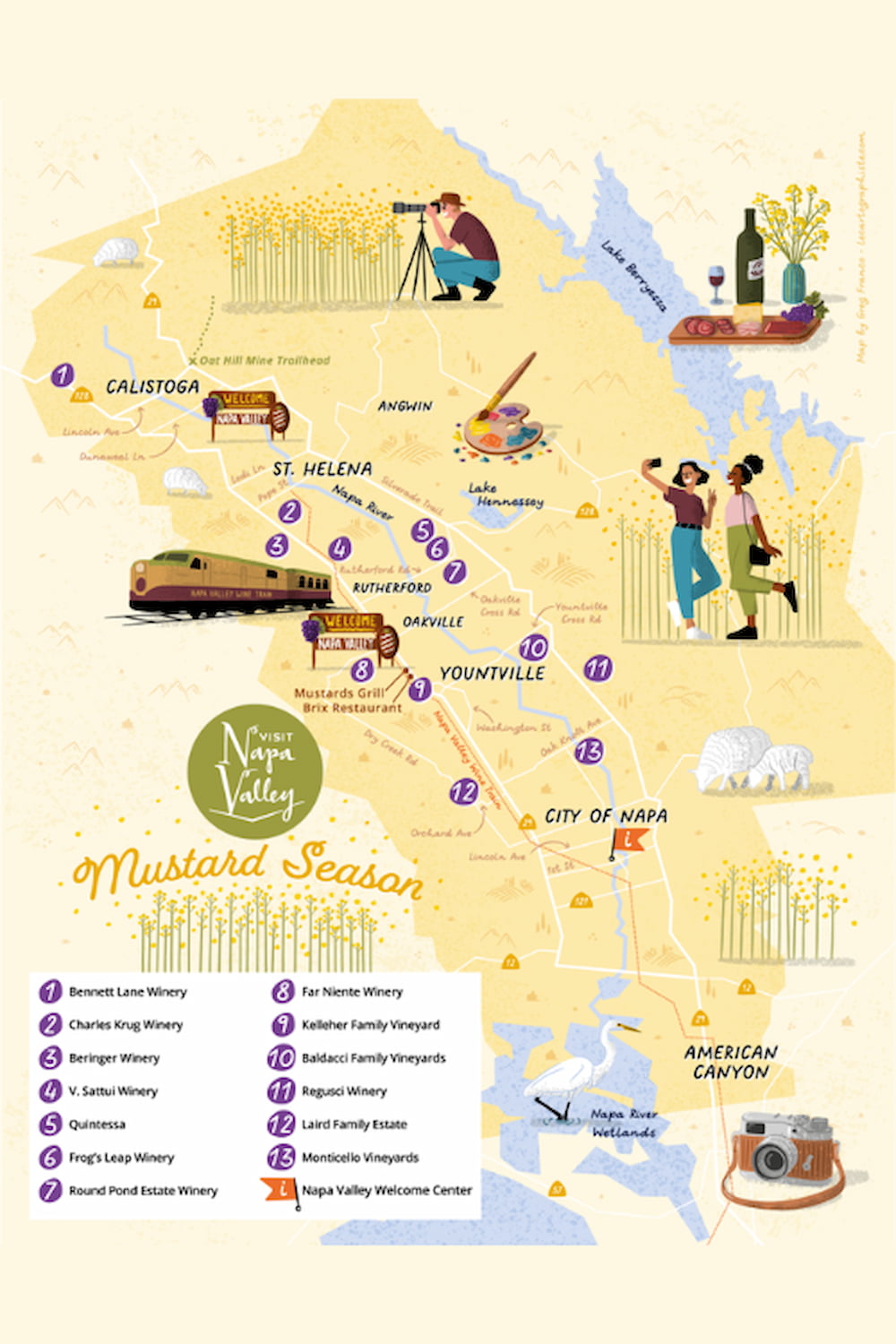 Napa Valley must-see locations map during Mustard Season.