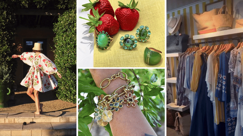 Fashion outfit, jewelry, strawberries, boutique clothing display.