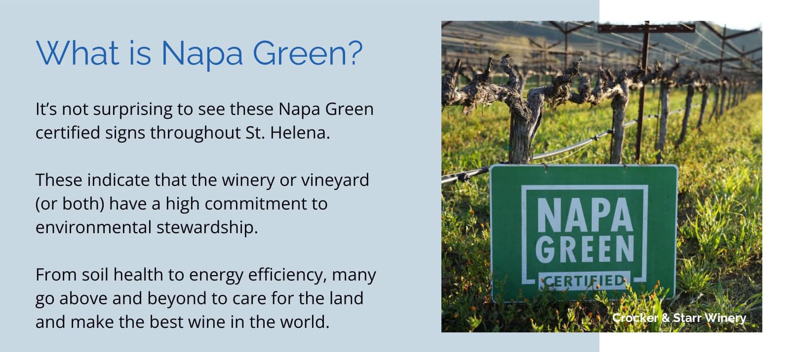 Napa Green certified signs promote environmental stewardship in vineyards.