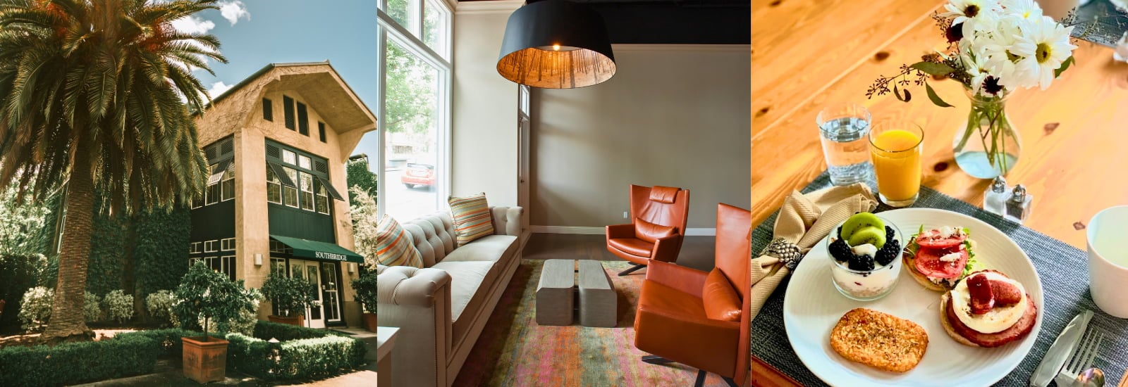 Boutique hotel exterior, lounge interior, and breakfast spread
