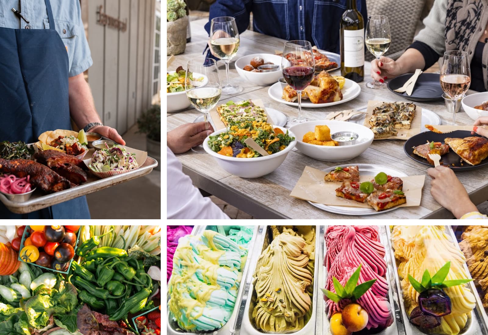 Variety of food and colorful gelato selection.