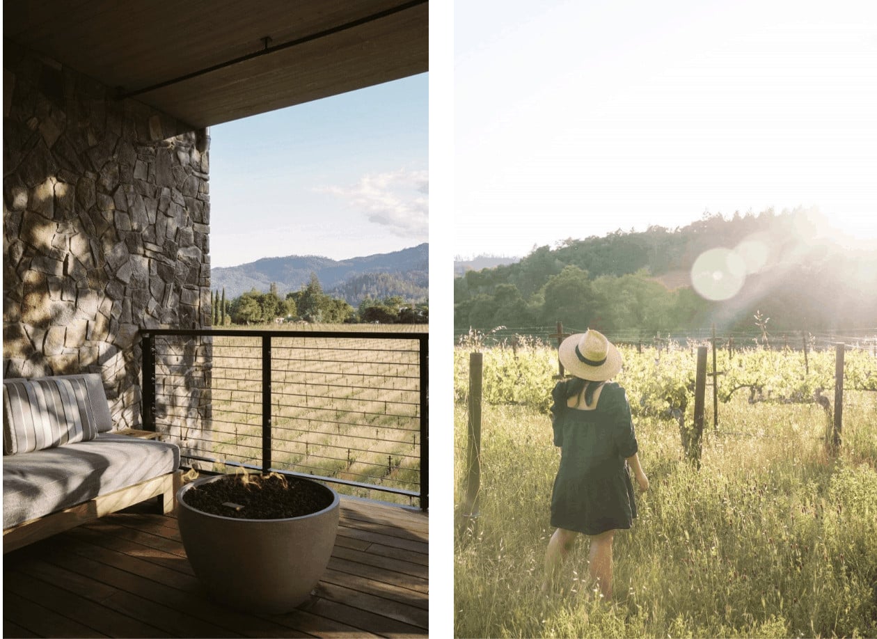Scenic vineyard views and woman walking in sunlight.