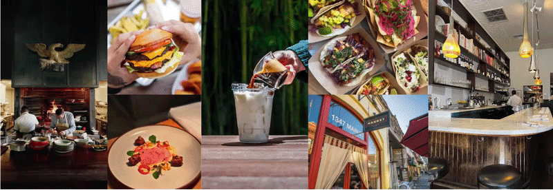Collage of restaurant dishes, chefs, drinks, and interiors
