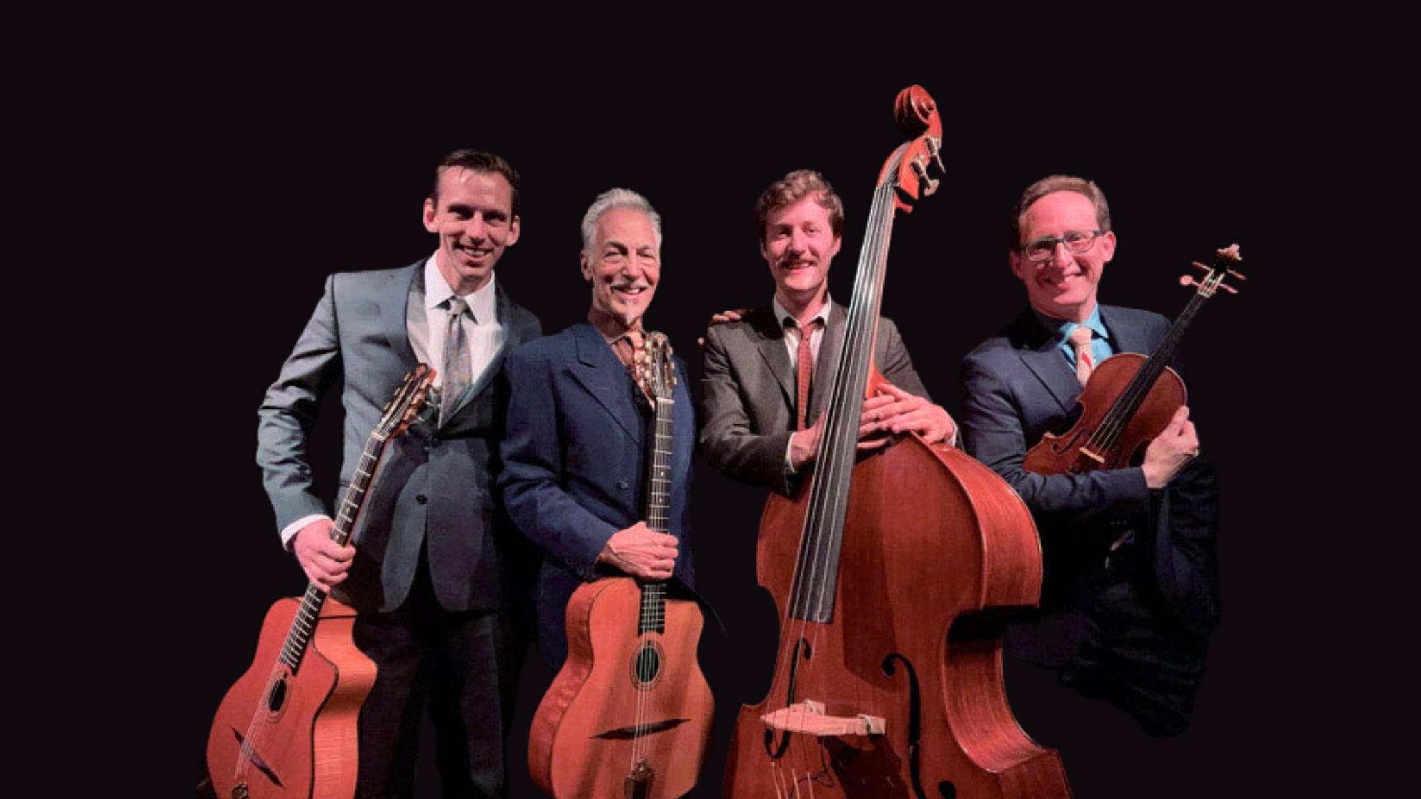 Four musicians holding guitars, bass, and violin.