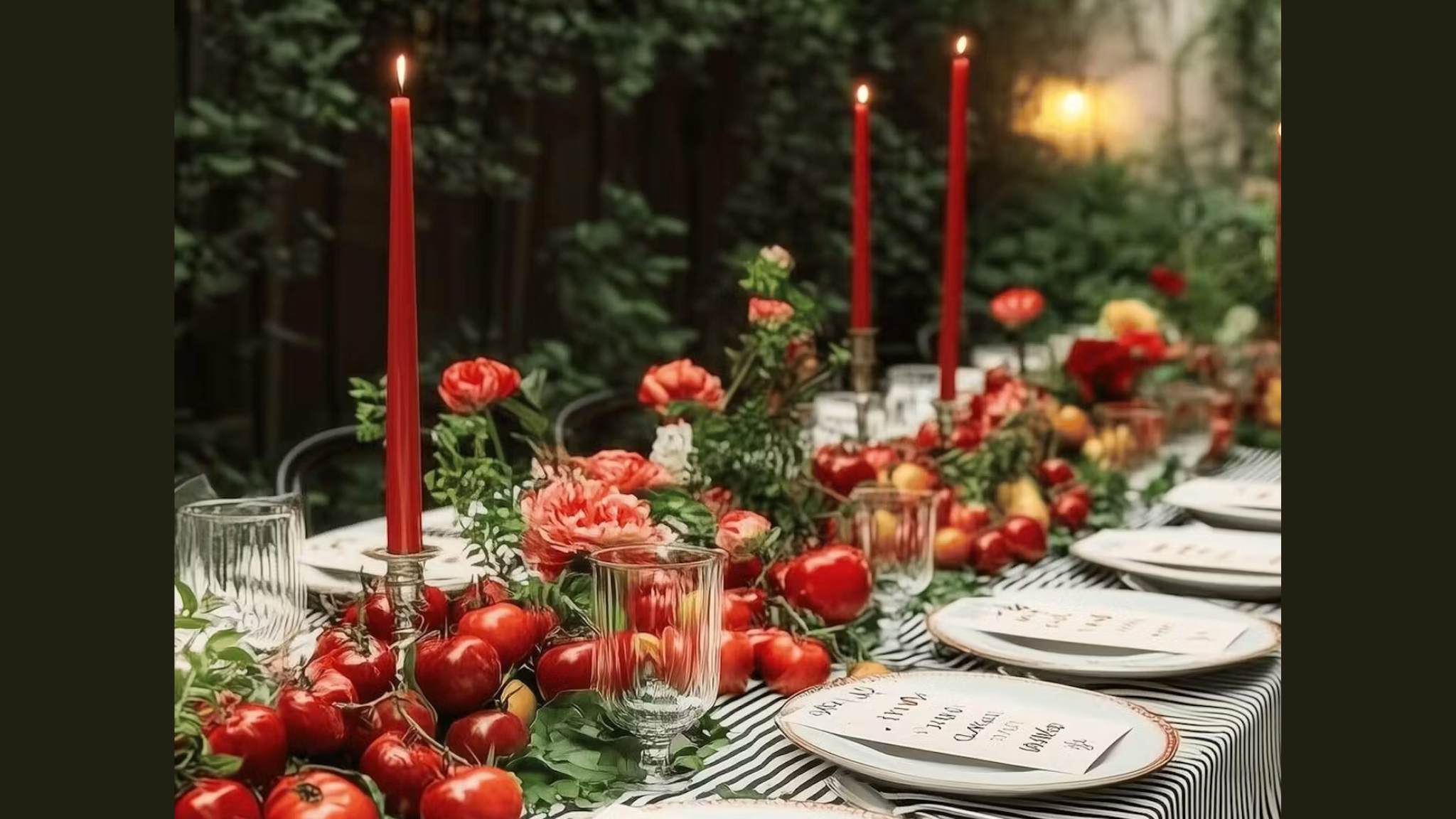 Outdoor dining table with red candles and flowers